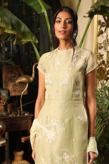 Shop_Sahil Kochhar_Green Organza, Net Embroidery, Lace Round Neck Aafiya Thread Kurta Set _Online_at_Aza_Fashions