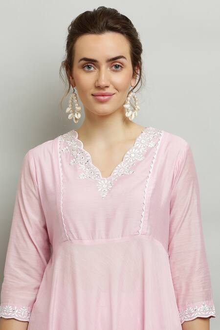 Kefi Collections_Pink Cotton, Chanderi, Net Embroidery, Lace Aakarshi Anarkali Set With Dupatta_Online_at_Aza_Fashions