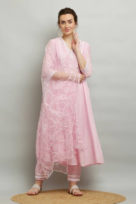 Buy_Kefi Collections_Pink Cotton, Chanderi, Net Embroidery, Lace Aakarshi Anarkali Set With Dupatta_Online_at_Aza_Fashions