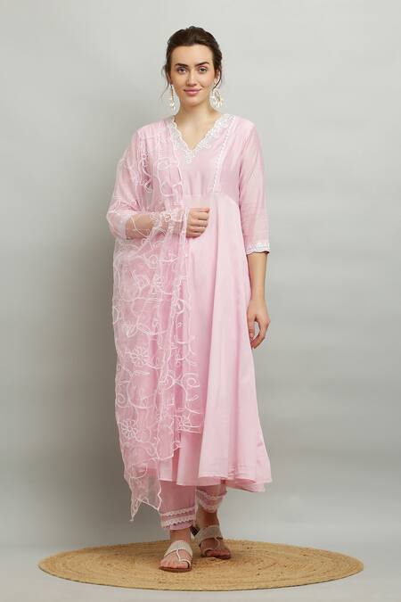 Shop_Kefi Collections_Pink Cotton, Chanderi, Net Embroidery, Lace Aakarshi Anarkali Set With Dupatta_Online_at_Aza_Fashions