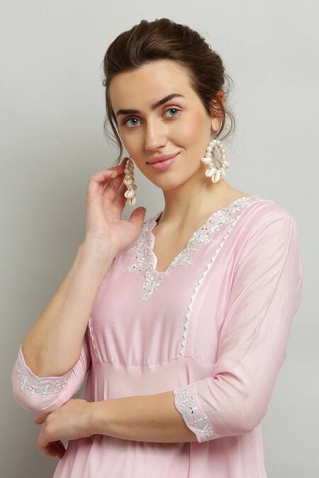 Kefi Collections_Pink Cotton, Chanderi, Net Embroidery, Lace Aakarshi Anarkali Set With Dupatta_at_Aza_Fashions