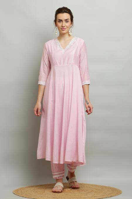 Buy_Kefi Collections_Pink Cotton, Chanderi, Net Embroidery, Lace Aakarshi Anarkali Set With Dupatta