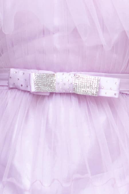 Darleen Kids Couture_Purple Net, Satin, Taffeta, Linen Aarisha Ruffled Neck Dress _Online_at_Aza_Fashions