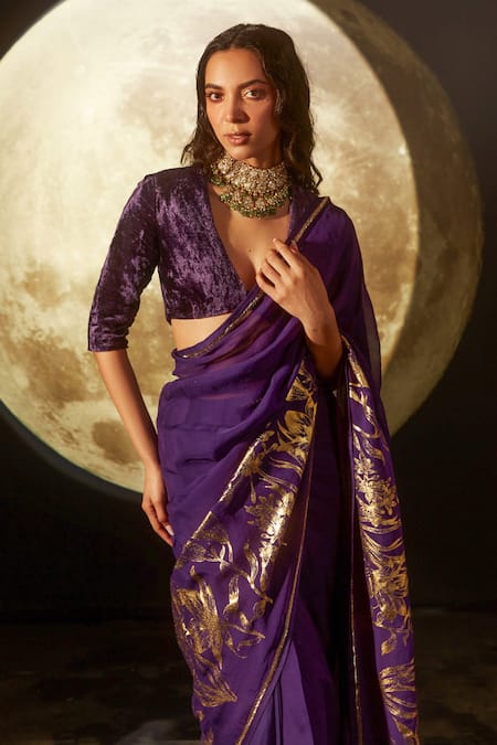 Dohr India_Purple Organza, Silk Cut Work Border Printed Pre-draped Saree _Online_at_Aza_Fashions