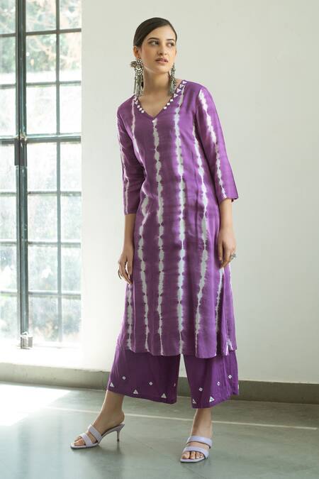 Buy_Gulaal_Purple Muslin, Cotton Satin, Chiffon Mirrors, Embroidery, Kurta Palazzo Set_Online_at_Aza_Fashions