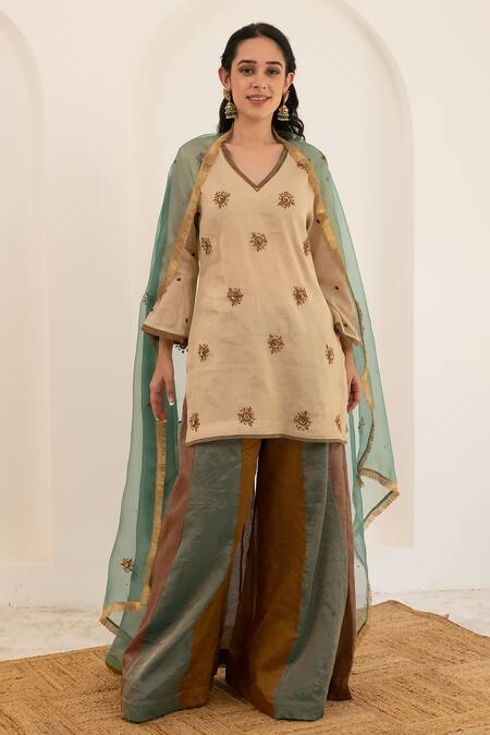 Shop_Pairaahan_Beige Kurta And Sharara Tissue Chanderi Embroidered Sequin V Neck Set_Online_at_Aza_Fashions