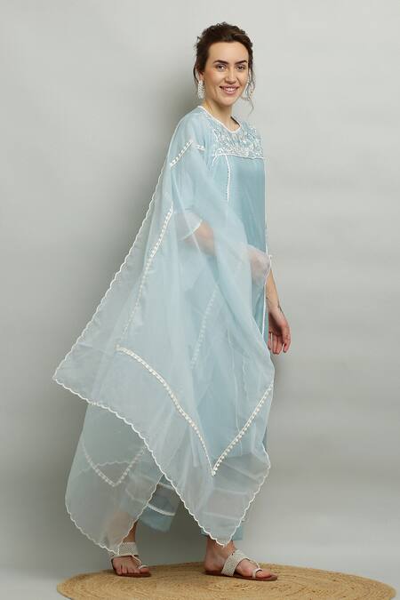 Kefi Collections_Blue Cotton, Organza, Chanderi Embroidery, Lace Round Aasmaani Yoke Kurta Set_Online_at_Aza_Fashions