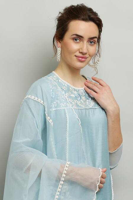Buy_Kefi Collections_Blue Cotton, Organza, Chanderi Embroidery, Lace Round Aasmaani Yoke Kurta Set_Online_at_Aza_Fashions