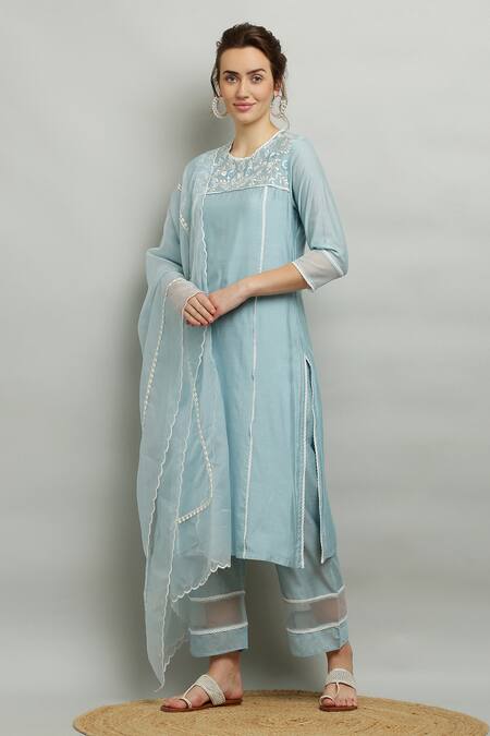 Shop_Kefi Collections_Blue Cotton, Organza, Chanderi Embroidery, Lace Round Aasmaani Yoke Kurta Set_Online_at_Aza_Fashions