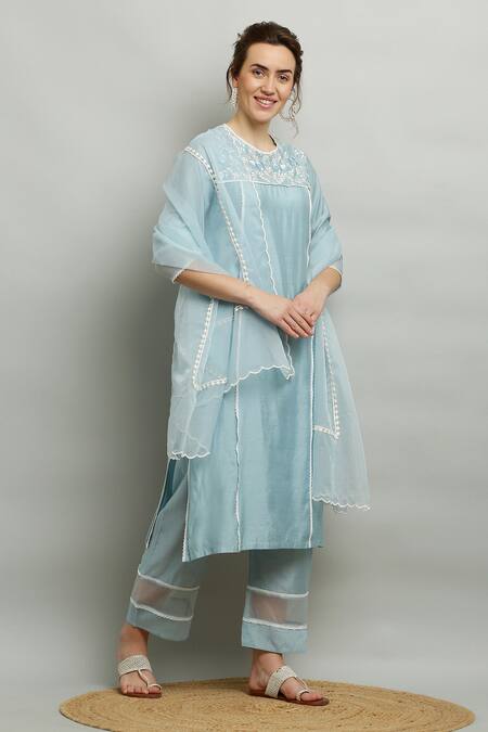 Kefi Collections_Blue Cotton, Organza, Chanderi Embroidery, Lace Round Aasmaani Yoke Kurta Set_at_Aza_Fashions