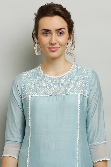 Buy_Kefi Collections_Blue Cotton, Organza, Chanderi Embroidery, Lace Round Aasmaani Yoke Kurta Set