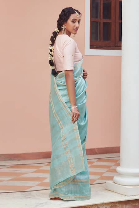Dressfolk_Blue Silk, Linen Zari, Beads Aasmaani Stripe Saree With Running Blouse _Online_at_Aza_Fashions