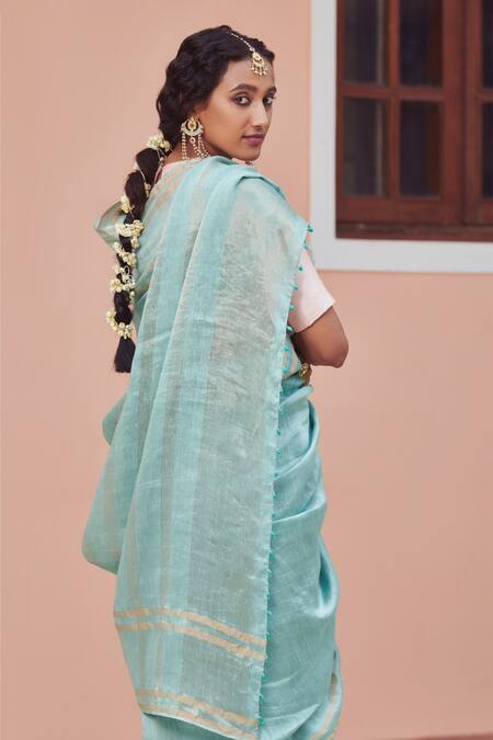 Buy_Dressfolk_Blue Silk, Linen Zari, Beads Aasmaani Stripe Saree With Running Blouse _Online_at_Aza_Fashions