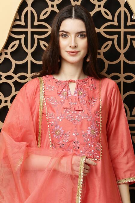 Kefi Collections_Peach Cotton, Chanderi, Denim, Organza Gota Patti, Abani Yoke Kurta Set_Online_at_Aza_Fashions