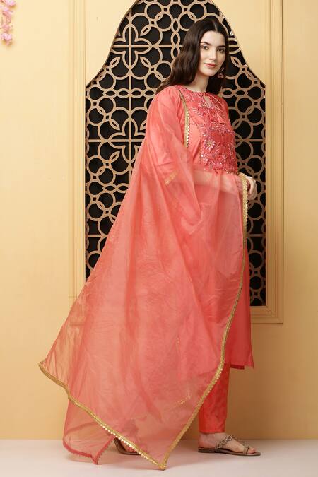 Buy_Kefi Collections_Peach Cotton, Chanderi, Denim, Organza Gota Patti, Abani Yoke Kurta Set_Online_at_Aza_Fashions