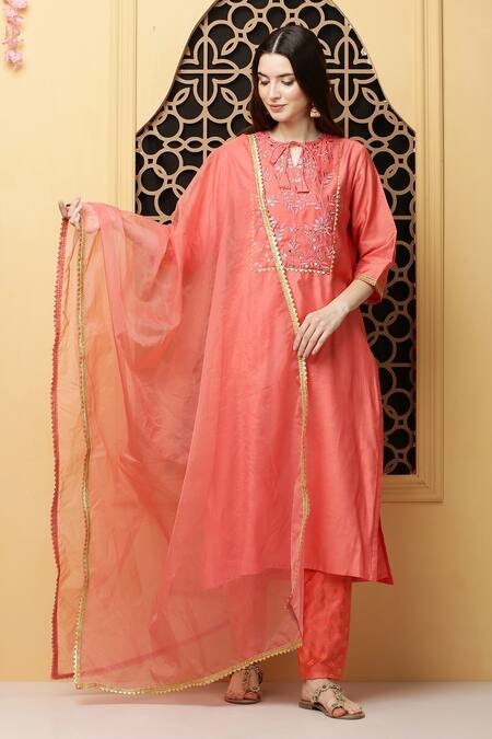 Shop_Kefi Collections_Peach Cotton, Chanderi, Denim, Organza Gota Patti, Abani Yoke Kurta Set_Online_at_Aza_Fashions