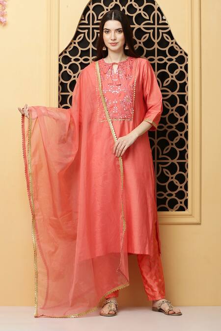 Kefi Collections_Peach Cotton, Chanderi, Denim, Organza Gota Patti, Abani Yoke Kurta Set_at_Aza_Fashions