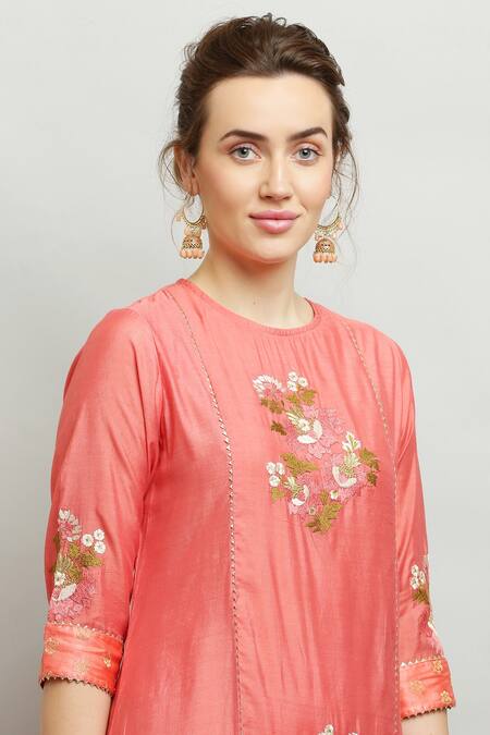 Kefi Collections_Peach Cotton, Lurex Embroidery, Gota Patti Adishree Floral Resham Kurta Set_at_Aza_Fashions