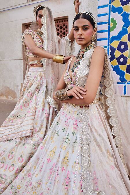 Shop_Aditi Gupta_Ivory Chanderi, Tissue Pearls, Beads, Woven Banarasi Layered Bridal Lehenga Set _Online_at_Aza_Fashions