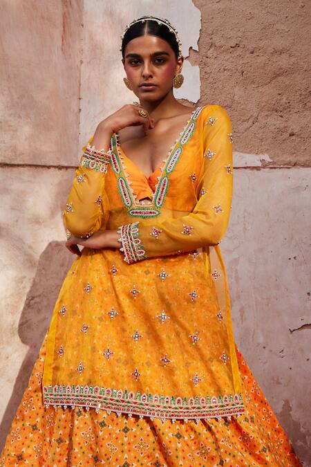 Buy_Aditi Gupta_Yellow Lehenga Silk And Embroidered Patola Pattern Kurta Deep V Set_Online_at_Aza_Fashions