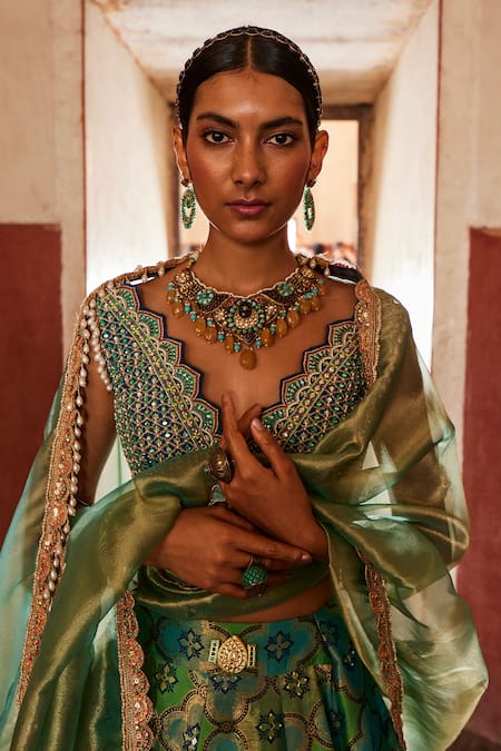Aditi Gupta_Green Chanderi, Brocade Zari, Banarasi Quatrefoil Pattern Bridal Lehenga Set _Online_at_Aza_Fashions