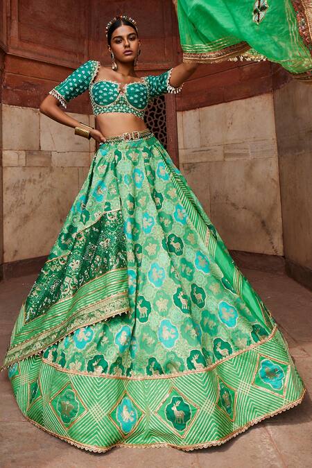 Aditi Gupta Green Chanderi, Banarasi Butterflies And Reindeer Pattern Bridal Lehenga Set Online at Aza Fashions Aditi Gupta_Green Chanderi, Banarasi Butterflies And Reindeer Pattern Bridal Lehenga Set _Online_at_Aza_Fashions