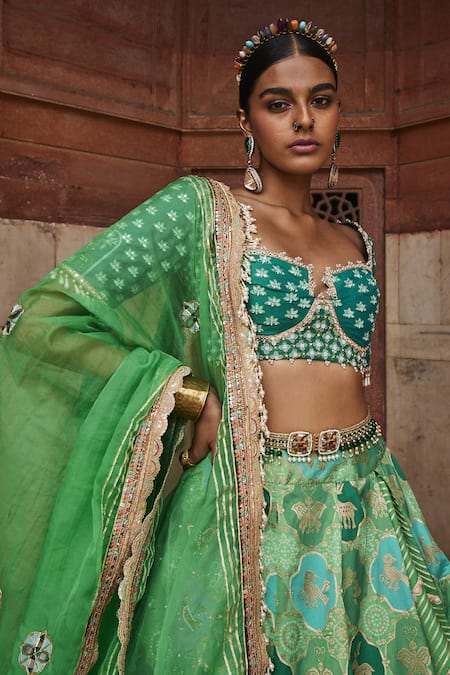 Buy Aditi Gupta Green Chanderi, Banarasi Butterflies And Reindeer Pattern Bridal Lehenga Set Online at Aza Fashions Buy_Aditi Gupta_Green Chanderi, Banarasi Butterflies And Reindeer Pattern Bridal Lehenga Set _Online_at_Aza_Fashions