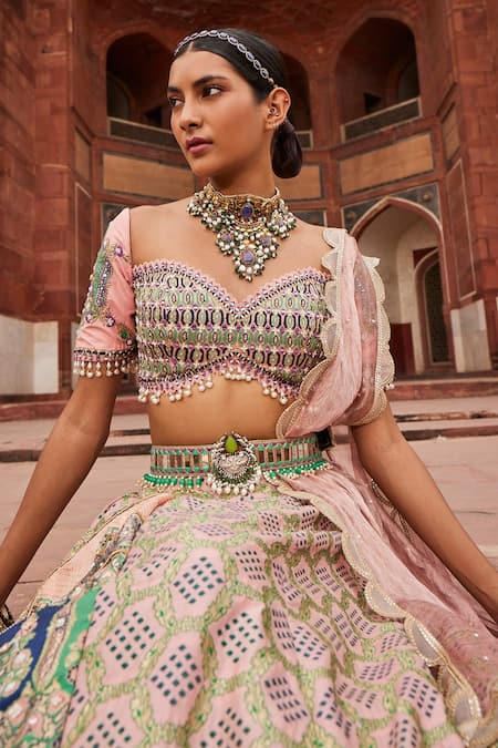 Buy Aditi Gupta Pink Silk, Satin, Tissue Woven Bandhani Banarasi Pattern Bridal Lehenga Set Online at Aza Fashions Buy_Aditi Gupta_Pink Silk, Satin, Tissue Woven Bandhani Banarasi Pattern Bridal Lehenga Set _Online_at_Aza_Fashions