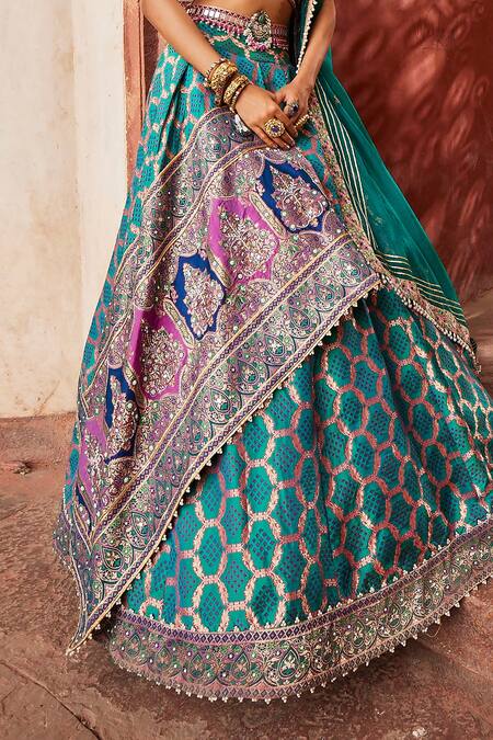 Buy Aditi Gupta Blue Silk, Chiffon Pearls, Bandhani Banarasi Woven Pattern Bridal Lehenga Set Online at Aza Fashions Buy_Aditi Gupta_Blue Silk, Chiffon Pearls, Bandhani Banarasi Woven Pattern Bridal Lehenga Set _Online_at_Aza_Fashions