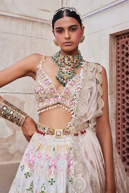 Aditi Gupta_Ivory Chanderi, Tissue Pearls, Beads, Zari, Woven Banarasi Bridal Lehenga Set _Online_at_Aza_Fashions