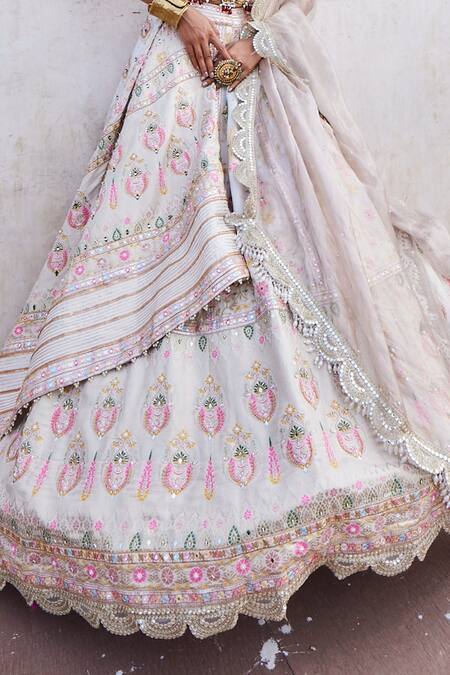 Aditi Gupta_Ivory Chanderi, Tissue Pearls, Beads, Woven Banarasi Layered Bridal Lehenga Set _Online_at_Aza_Fashions