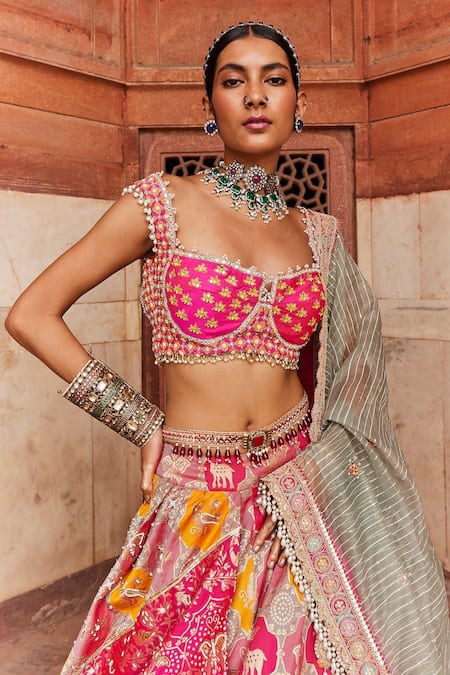 Aditi Gupta_Pink Banarasi Embroidery Zardozi Sweetheart Chanderi Meenakari Work Lehenga Set_Online_at_Aza_Fashions