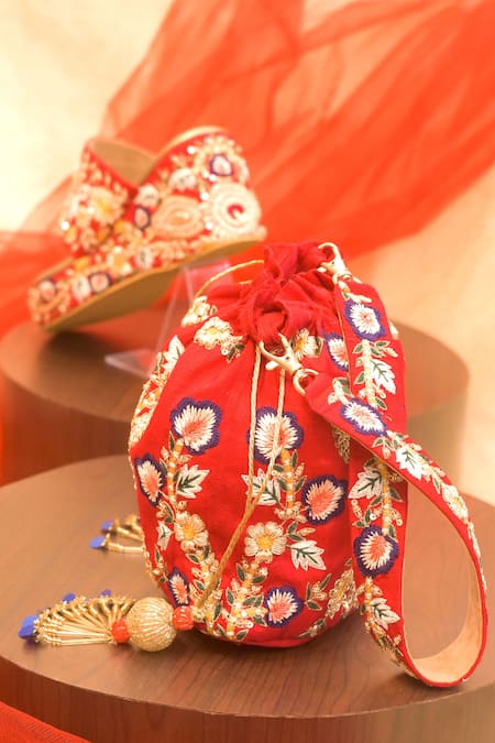 Around Always_Red Ahva Embroidered Potli And Wedges _Online_at_Aza_Fashions
