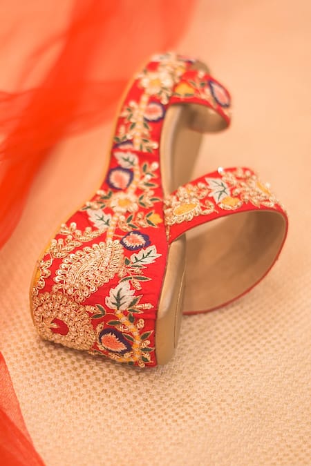 Shop_Around Always_Red Ahva Embroidered Potli And Wedges _Online_at_Aza_Fashions