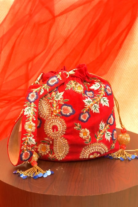 Around Always_Red Ahva Embroidered Potli And Wedges _at_Aza_Fashions