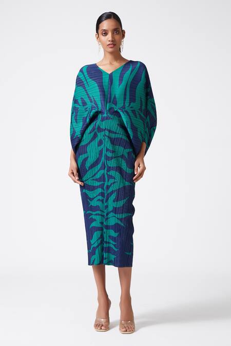 Scarlet Sage_Blue 100% Polyester Abstract V Neck Aika Printed Dress_Online_at_Aza_Fashions