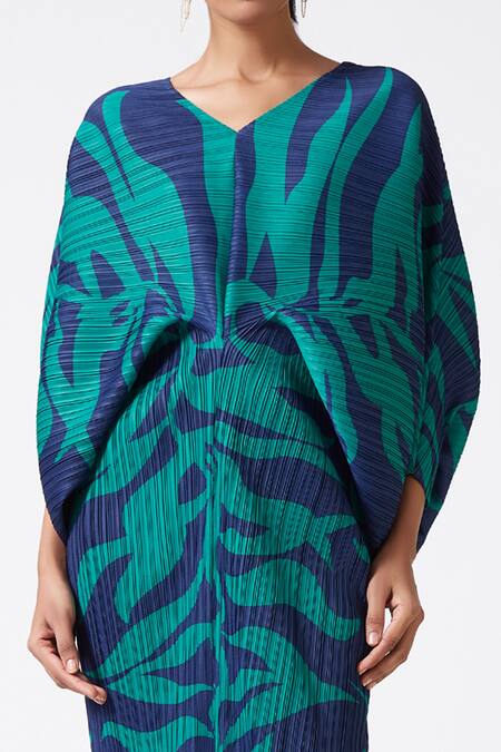 Buy_Scarlet Sage_Blue 100% Polyester Abstract V Neck Aika Printed Dress_Online_at_Aza_Fashions