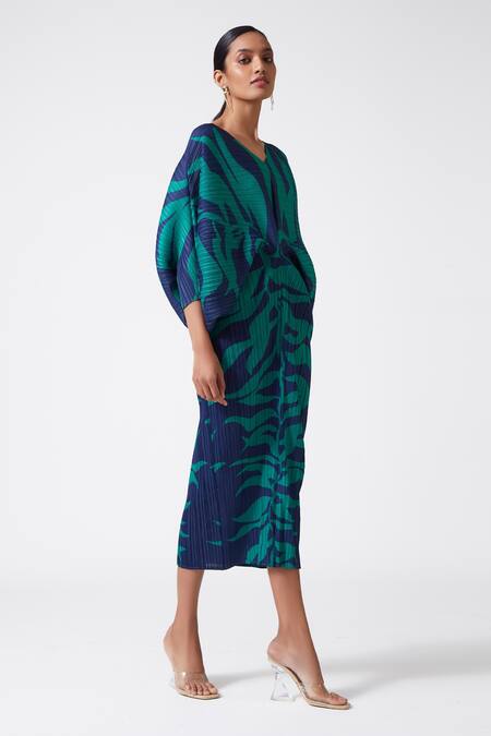 Scarlet Sage_Blue 100% Polyester Abstract V Neck Aika Printed Dress_at_Aza_Fashions