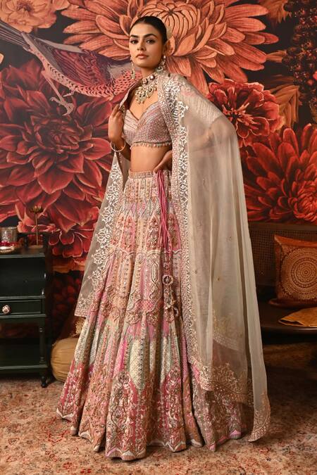 Moledro_Multi Color Brocade, Organza Embroidery, Aiyana Embellished Bridal Lehenga Set _Online_at_Aza_Fashions