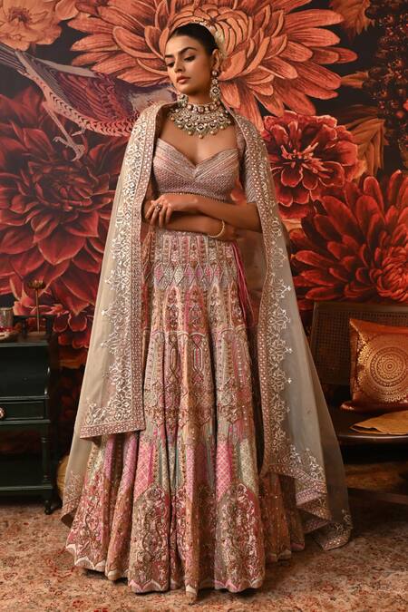 Buy_Moledro_Multi Color Brocade, Organza Embroidery, Aiyana Embellished Bridal Lehenga Set _Online_at_Aza_Fashions