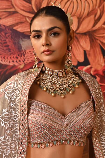 Shop_Moledro_Multi Color Brocade, Organza Embroidery, Aiyana Embellished Bridal Lehenga Set _Online_at_Aza_Fashions