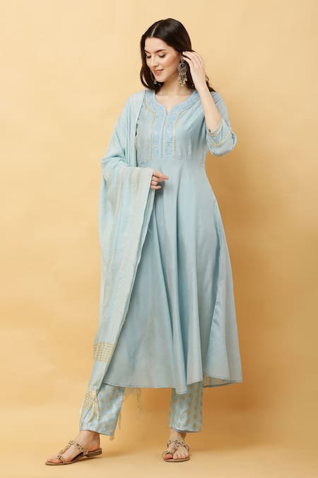 Kefi Collections_Blue Cotton, Lurex Embroidery, Lace, Gota Patti Alaknanda Placket Anarkali Set_at_Aza_Fashions