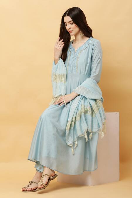 Shop_Kefi Collections_Blue Cotton, Lurex Embroidery, Lace, Gota Patti Alaknanda Placket Anarkali Set