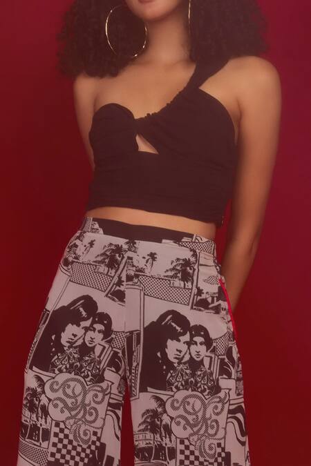 Nandita Thirani_Black Georgette, Chiffon One Shoulder Crop Top And Flared Trouser Set _Online_at_Aza_Fashions