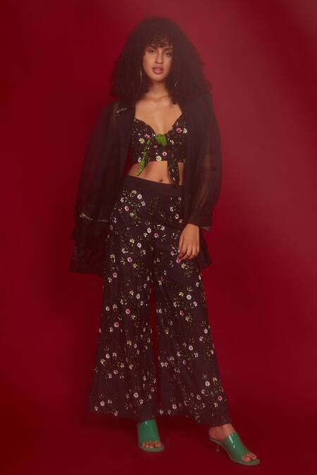 Nandita Thirani_Black Silk Blend Polyester And Organza Sheer Jacket & Flared Pant Set  _Online_at_Aza_Fashions