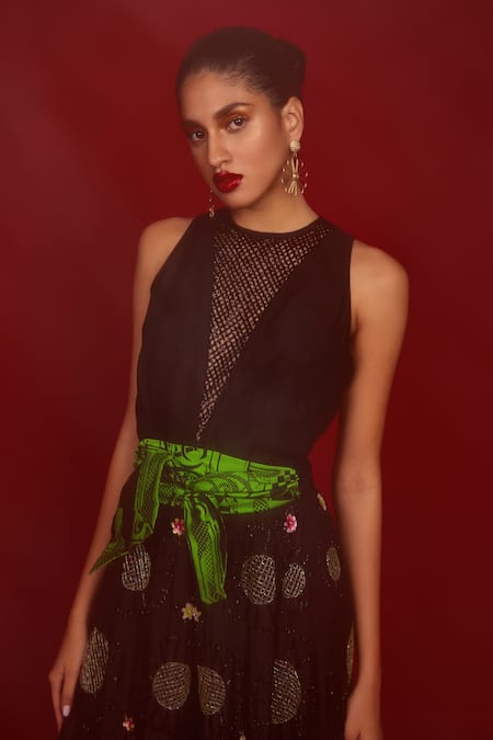 Nandita Thirani_Black Organza And Silk Blend Polyester Embroidery Wide Legged Jumpsuit  _Online_at_Aza_Fashions