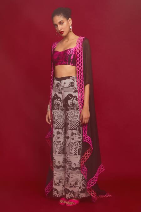 Nandita Thirani_Black Georgette And Chiffon Print Comic Lace Trim Cape & Trouser Set  _Online_at_Aza_Fashions