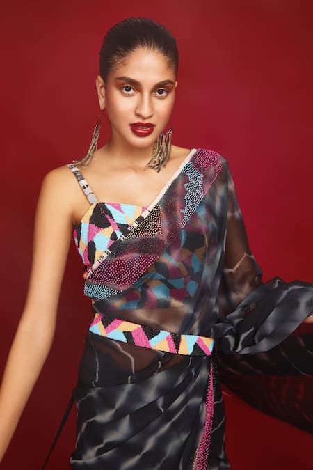 Nandita Thirani_Black Georgette Embroidery Beads Tie Dye Pattern Saree With Bralette  _Online_at_Aza_Fashions