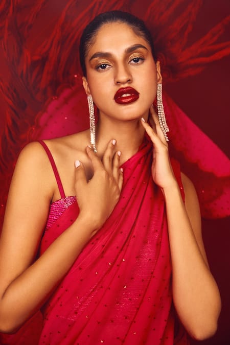 Nandita Thirani_Pink Chiffon Beads Sequin Embroidered Saree With Bralette _Online_at_Aza_Fashions