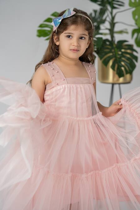 Buy Darleen Kids Couture Peach Net, Taffeta Pearls Allie Tiered Dress Online at Aza Fashions Buy_Darleen Kids Couture_Peach Net, Taffeta Pearls Allie Tiered Dress _Online_at_Aza_Fashions